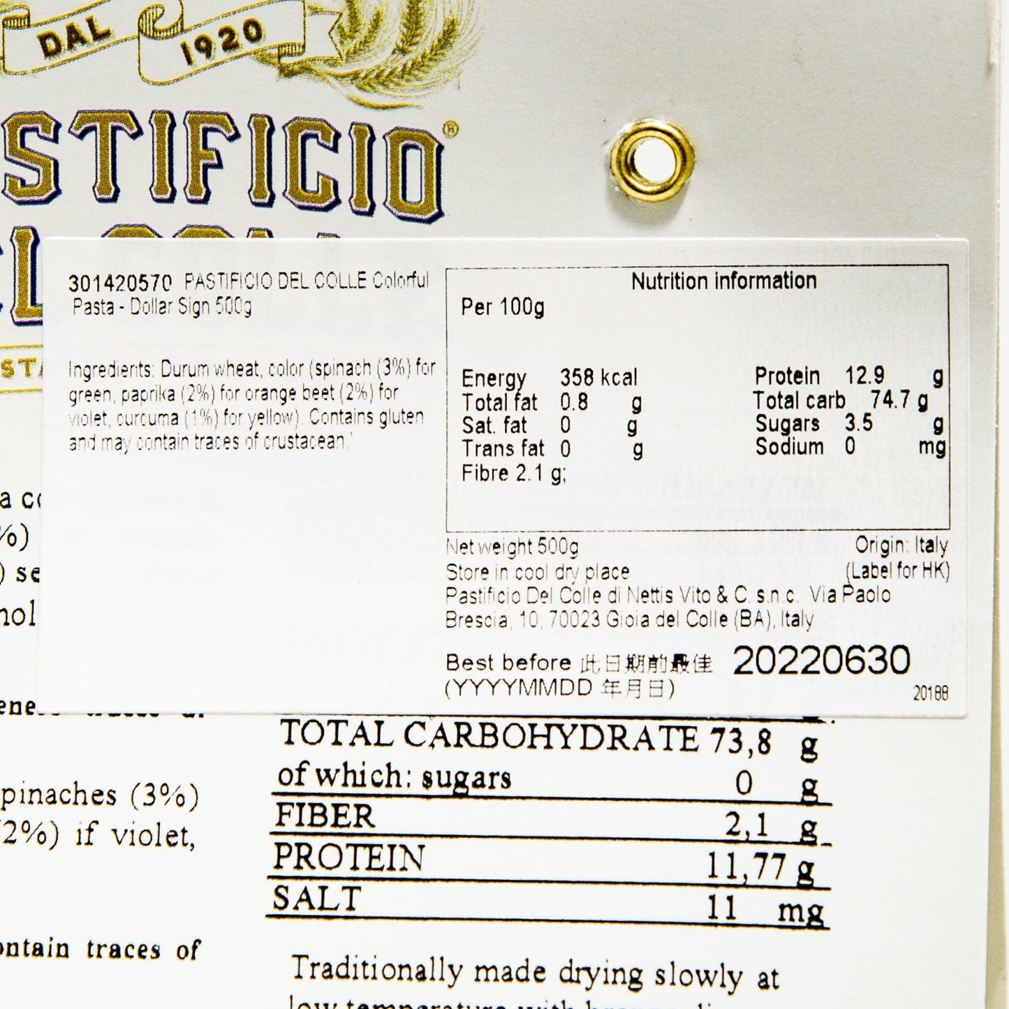 PASTIFICIO DEL COLLE 彩色貨幣符號意大利粉 (500g)